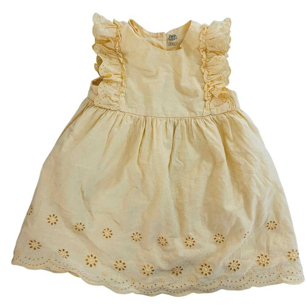 Fred & Flo Dress Cotton Eyelet Ruffles Scalloped Yellow Cotton Size 12-18 Months